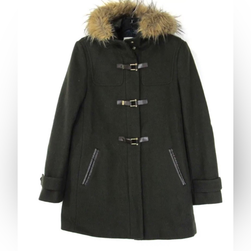 Cole Hahn Faux Fur Trim Coat Green Sz 12